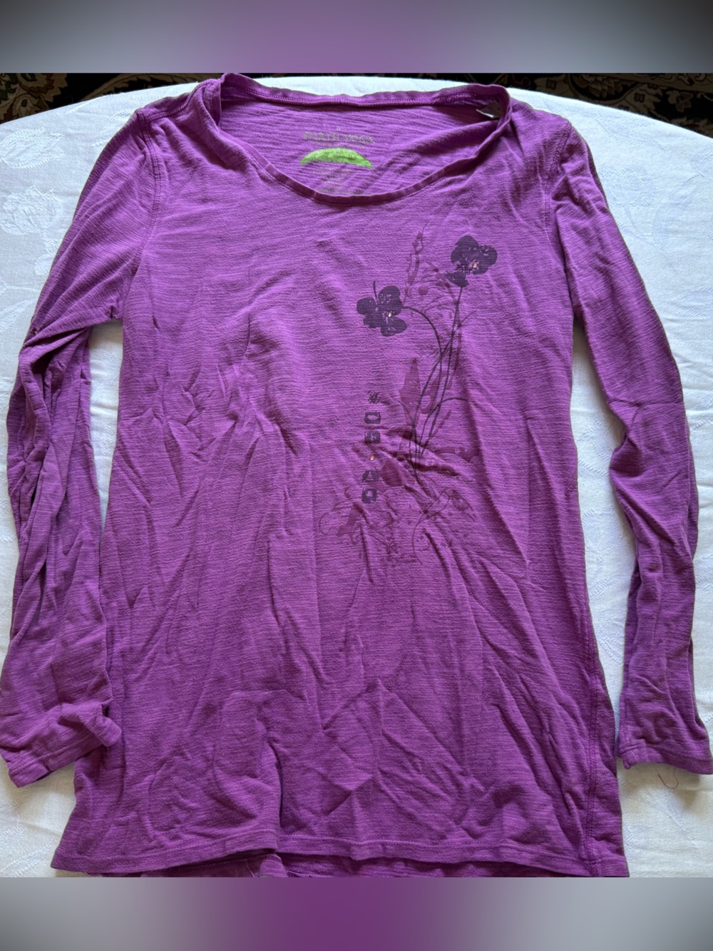 Earth Yoga Purple Cotton Long Sleeve Tee Top with floral design organic